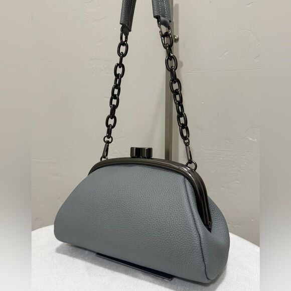 Gray Togo Cowhide Calfskin Handmade Kisslock Wristlet, Shoulder Bag, Crossbody - Picture 8 of 16